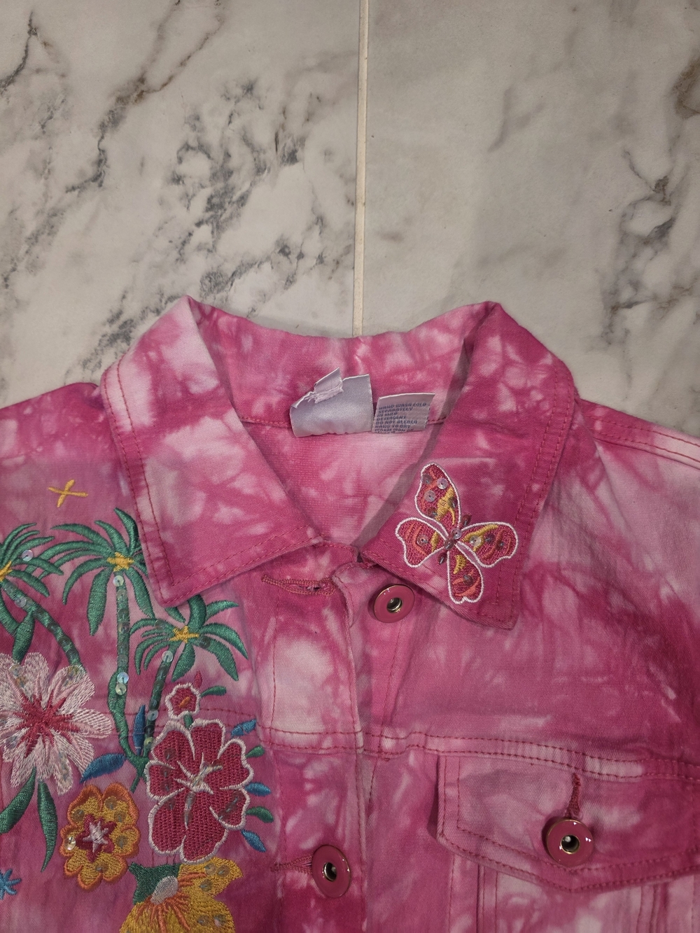 Vintage DG2 By Diane Gillman Tie Dye Floral Stitched Jean Jacket Lg - Picture 7 of 12